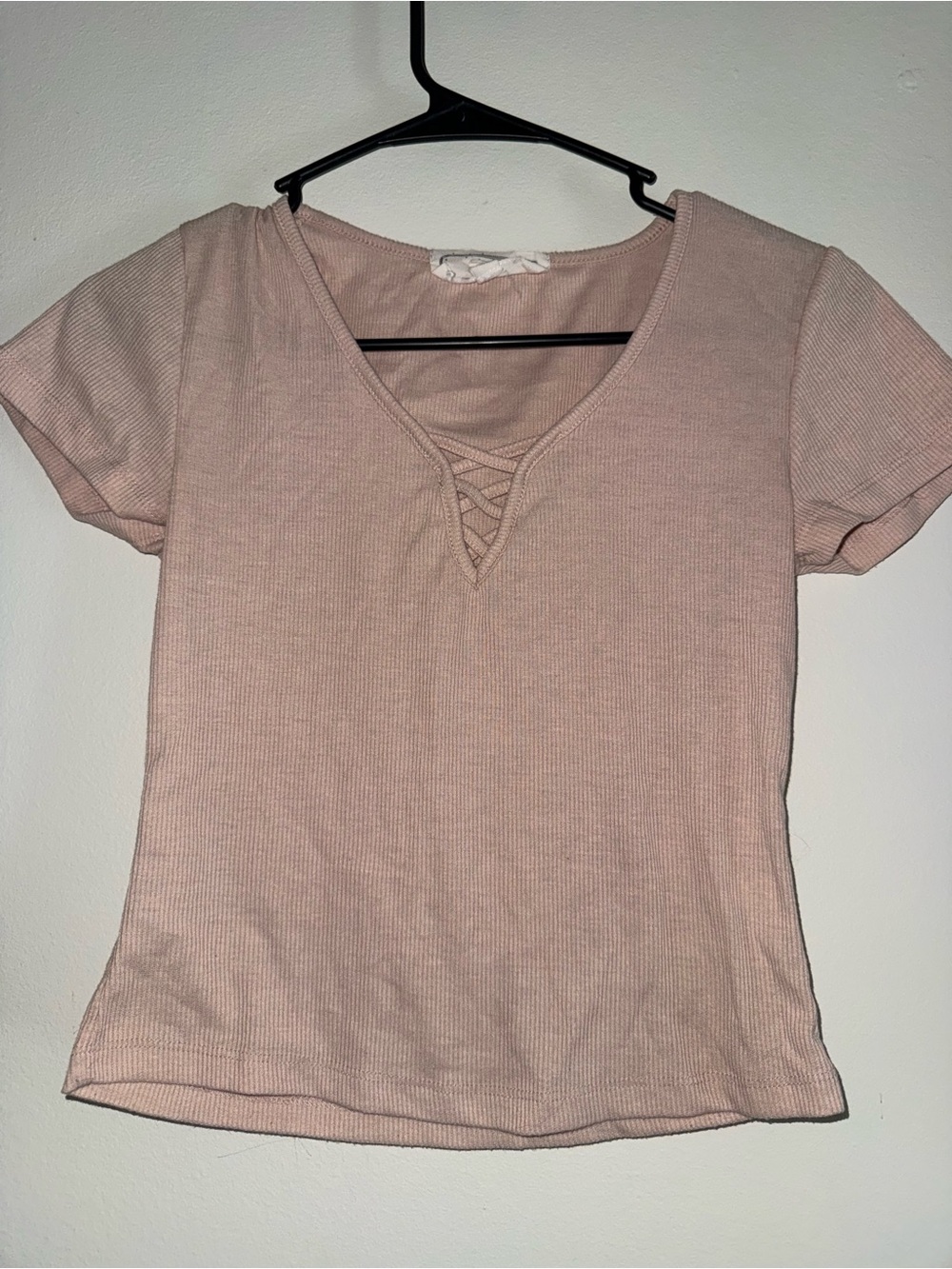 Lily Rose Ribbed Short Sleeve Tee with Lace-Up V-Neck - Blush